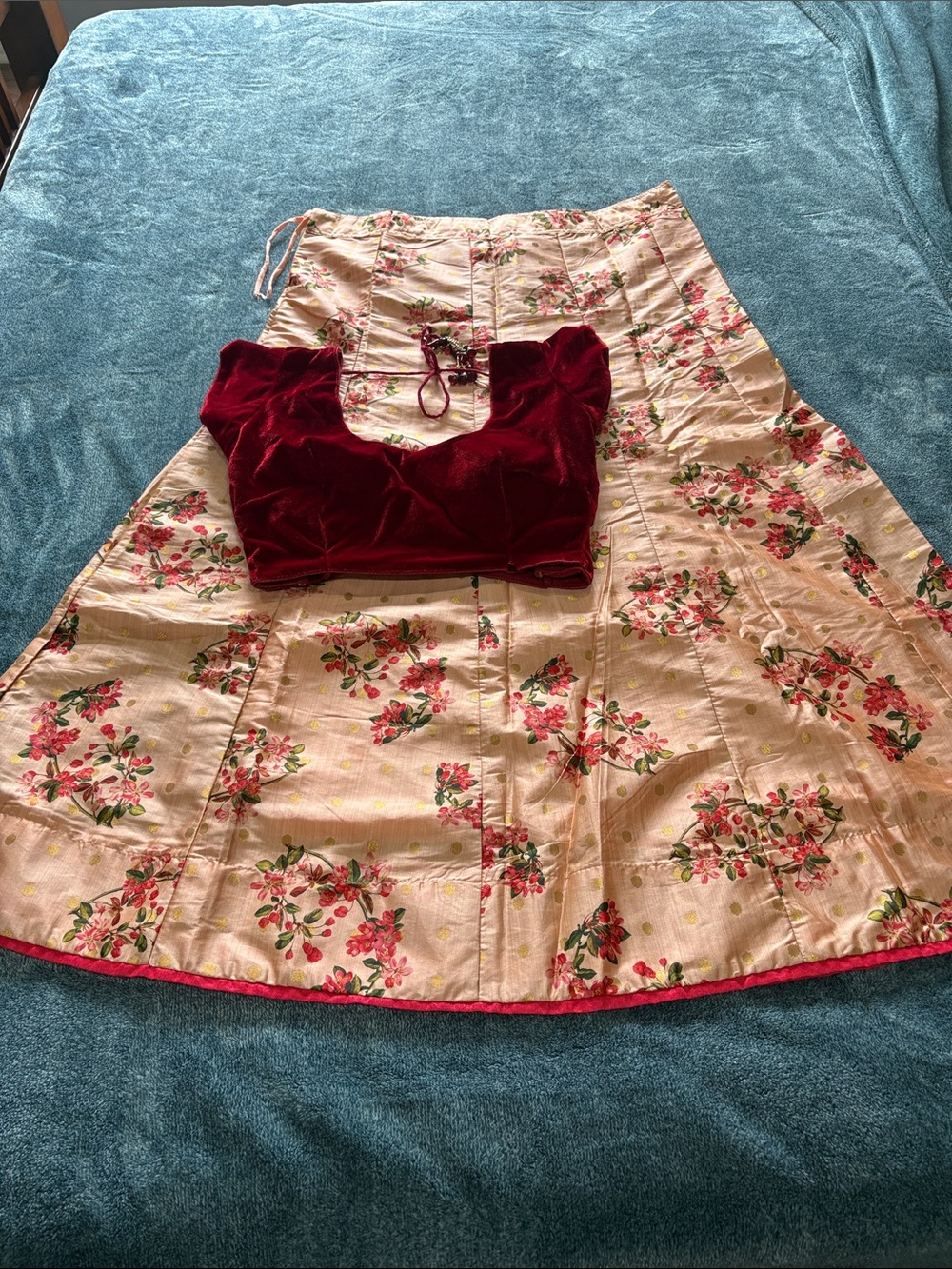 Cream Floral A-Line Lehenga with Maroon Velvet Blouse